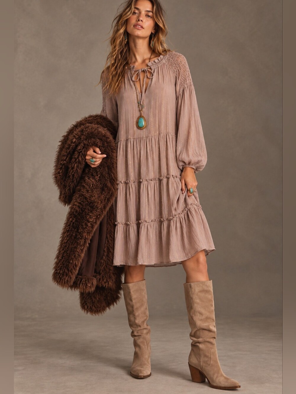 PIPER & SCOOT MAUVE TAN TIERED BOHO MIDI DRESS MEDIUM